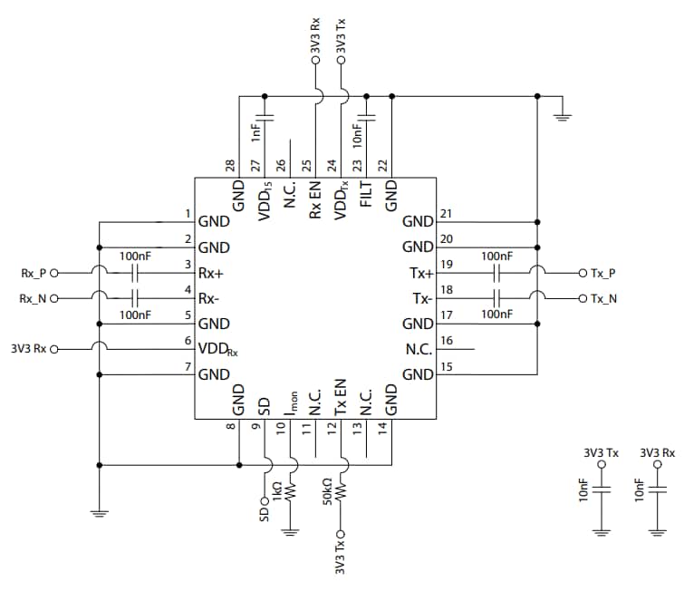 Schéma du circuit d'application - Broadcom Émetteur-récepteur optique sans fil AFBR-FS13B25